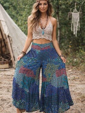 NWT Lanna Clothes Design Boho Wide-Leg Printed Peacock Palazzo Pants Sz M